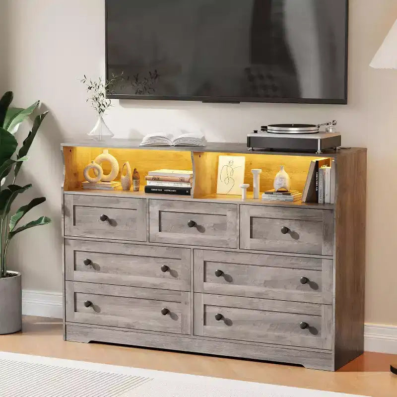 Cassettiera in legno a 7 cassetti - cassettiera moderna con stazione di ricarica USB e luci LED, 2 vani a giorno - ampia cassettiera per camera da letto, organizer contenitore