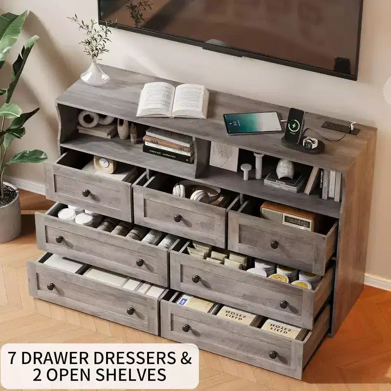 Cassettiera in legno a 7 cassetti - cassettiera moderna con stazione di ricarica USB e luci LED, 2 vani a giorno - ampia cassettiera per camera da letto, organizer contenitore
