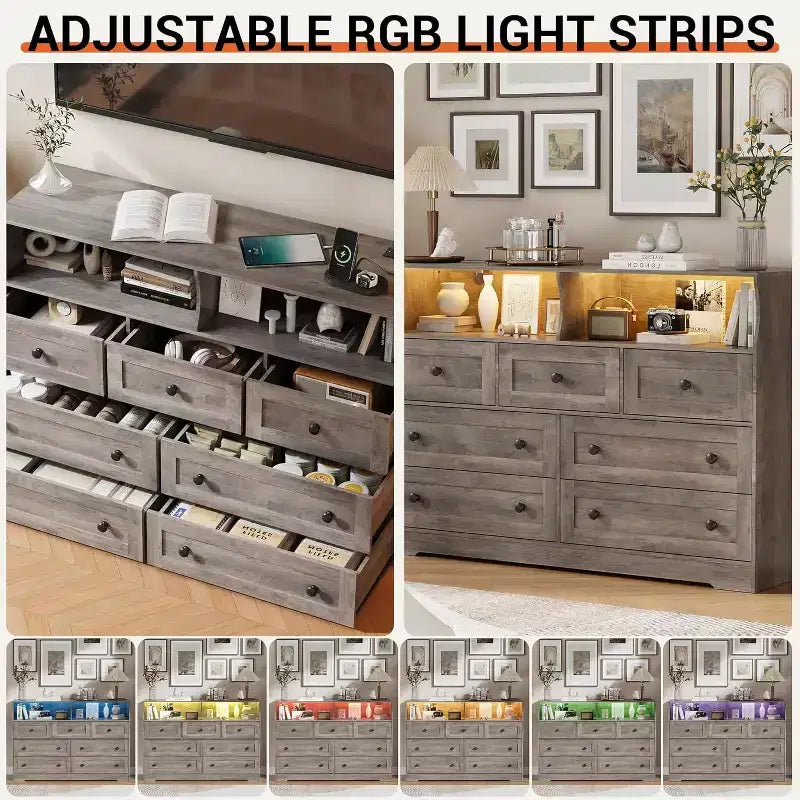 Cassettiera in legno a 7 cassetti - cassettiera moderna con stazione di ricarica USB e luci LED, 2 vani a giorno - ampia cassettiera per camera da letto, organizer contenitore