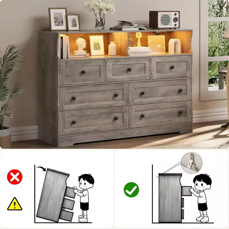 Cassettiera in legno a 7 cassetti - cassettiera moderna con stazione di ricarica USB e luci LED, 2 vani a giorno - ampia cassettiera per camera da letto, organizer contenitore