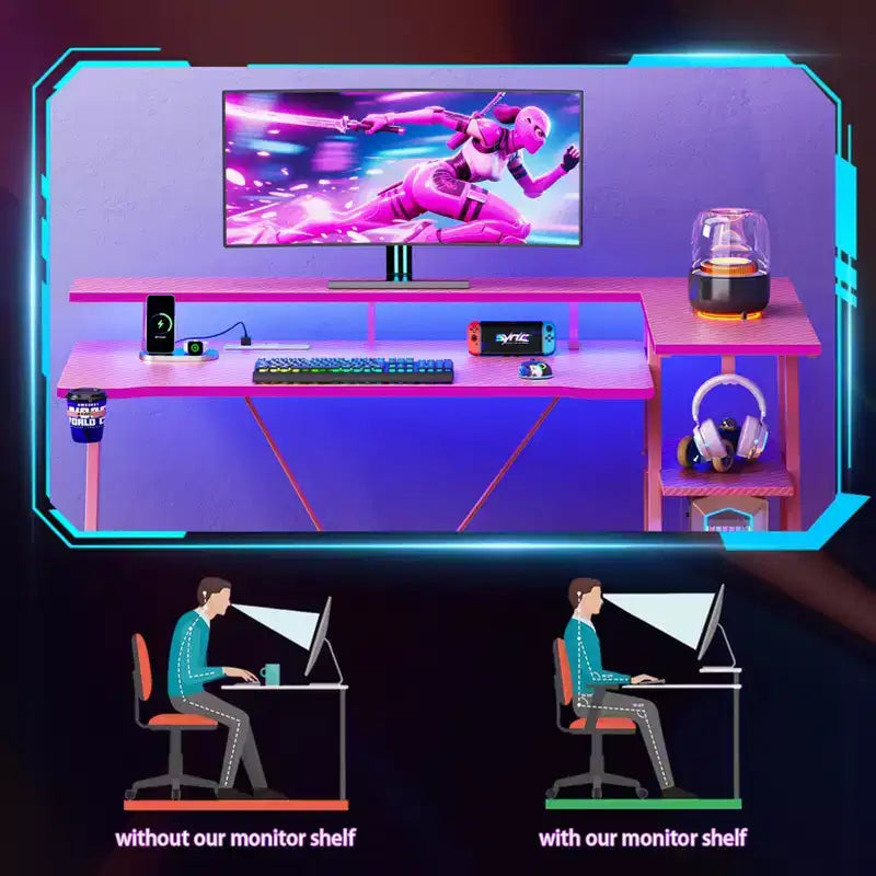 Scrivania da gaming angolare a L da 55 pollici, rosa, con supporto per monitor e ripiani contenitori a 3 livelli, moderna scrivania da gamer in fibra di carbonio, soluzione salvaspazio