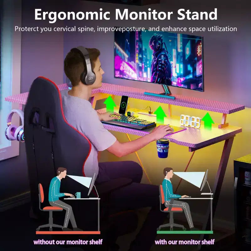 Scrivania da gaming angolare a L da 55 pollici, rosa, con supporto per monitor e ripiani contenitori a 3 livelli, moderna scrivania da gamer in fibra di carbonio, soluzione salvaspazio