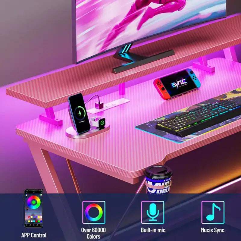 Scrivania da gaming angolare a L da 55 pollici, rosa, con supporto per monitor e ripiani contenitori a 3 livelli, moderna scrivania da gamer in fibra di carbonio, soluzione salvaspazio