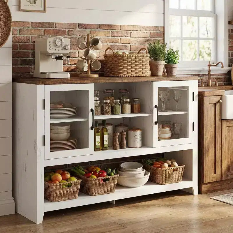 Komoda bufetowa o szerokości 135 cm z 3 półkami i 2 szklanymi drzwiczkami - nowoczesna szafka w stylu mid-century do przechowywania kawy, książek lub naczyń