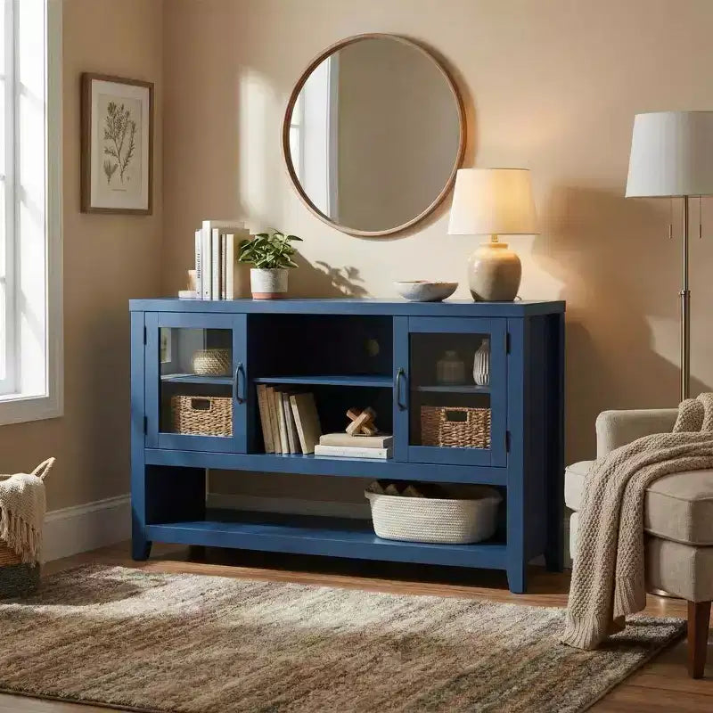 Komoda bufetowa o szerokości 135 cm z 3 półkami i 2 szklanymi drzwiczkami - nowoczesna szafka w stylu mid-century do przechowywania kawy, książek lub naczyń