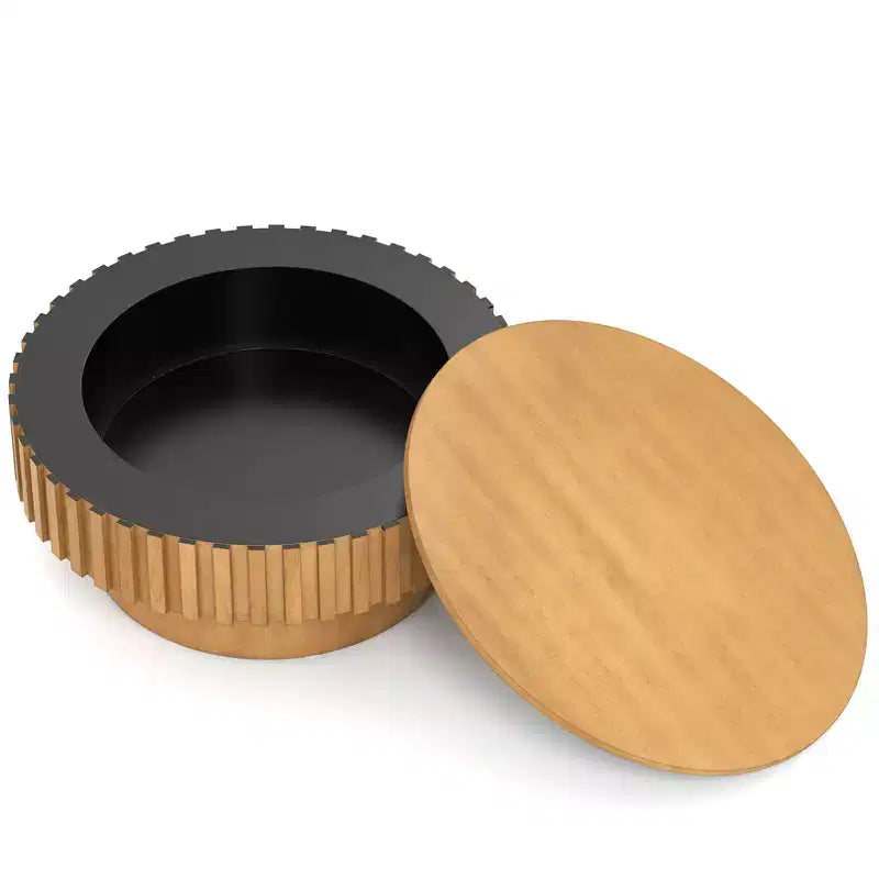 Tavolino rotondo con contenitore, tavolino a tamburo in legno con scomparto nascosto, color noce/naturale