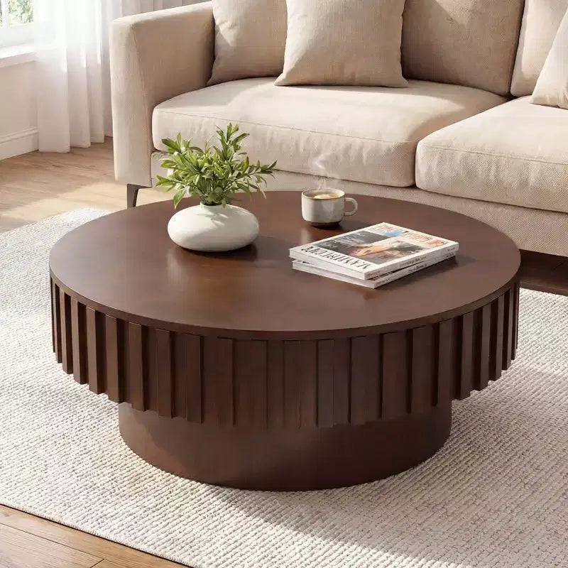 Tavolino rotondo con contenitore, tavolino a tamburo in legno con scomparto nascosto, color noce/naturale