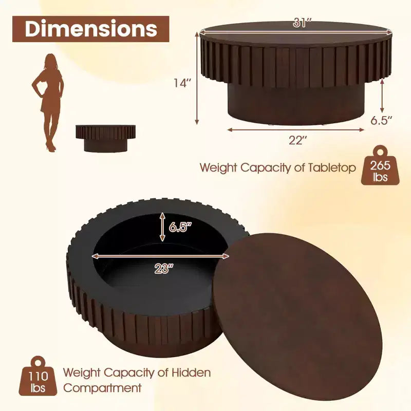 Tavolino rotondo con contenitore, tavolino a tamburo in legno con scomparto nascosto, color noce/naturale