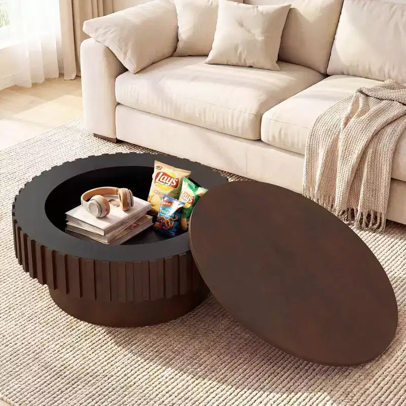 Tavolino rotondo con contenitore, tavolino a tamburo in legno con scomparto nascosto, color noce/naturale