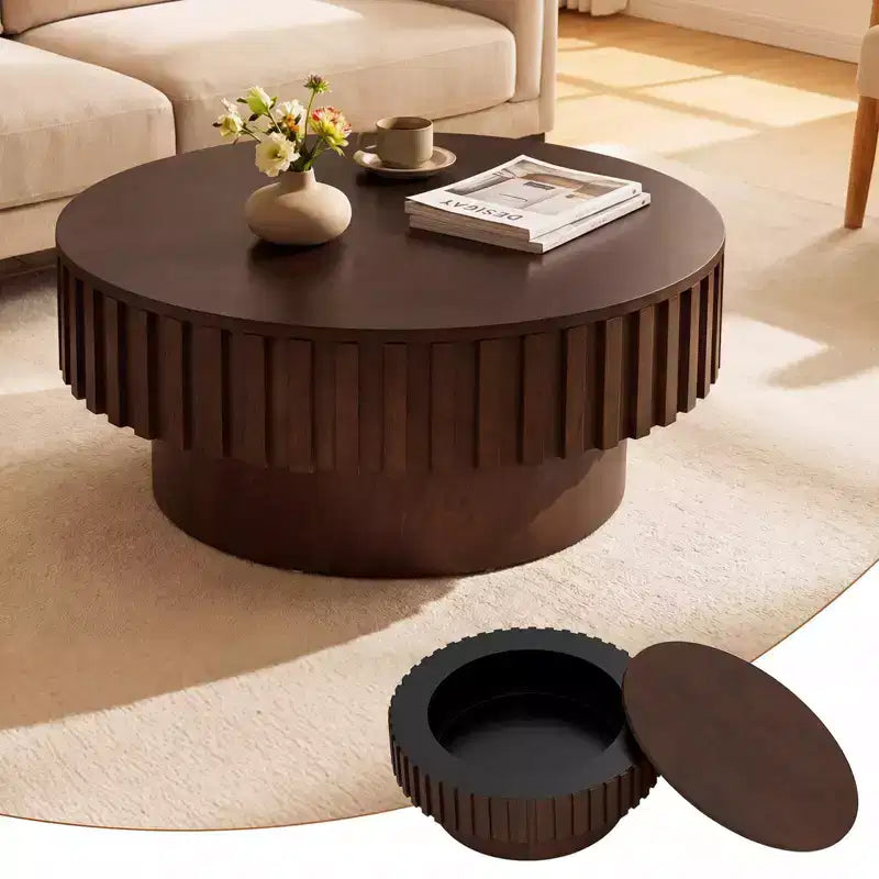 Tavolino rotondo con contenitore, tavolino a tamburo in legno con scomparto nascosto, color noce/naturale