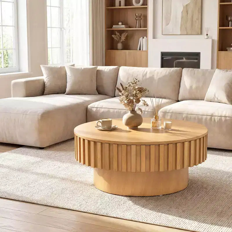 Round Coffee Table with Storage, Wooden Drum Coffee Table with Hidden Compartment Walnut/Natural