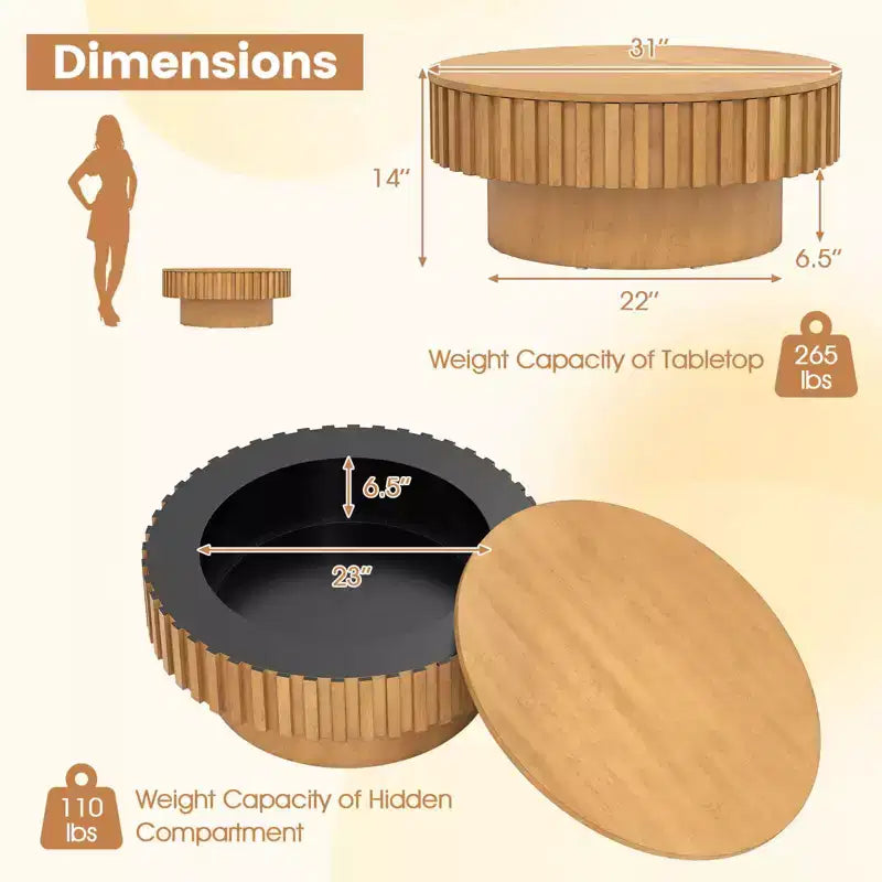Tavolino rotondo con contenitore, tavolino a tamburo in legno con scomparto nascosto, color noce/naturale