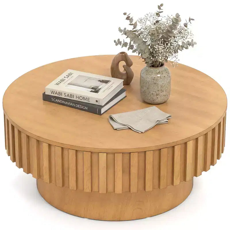 Round Coffee Table with Storage, Wooden Drum Coffee Table with Hidden Compartment Walnut/Natural