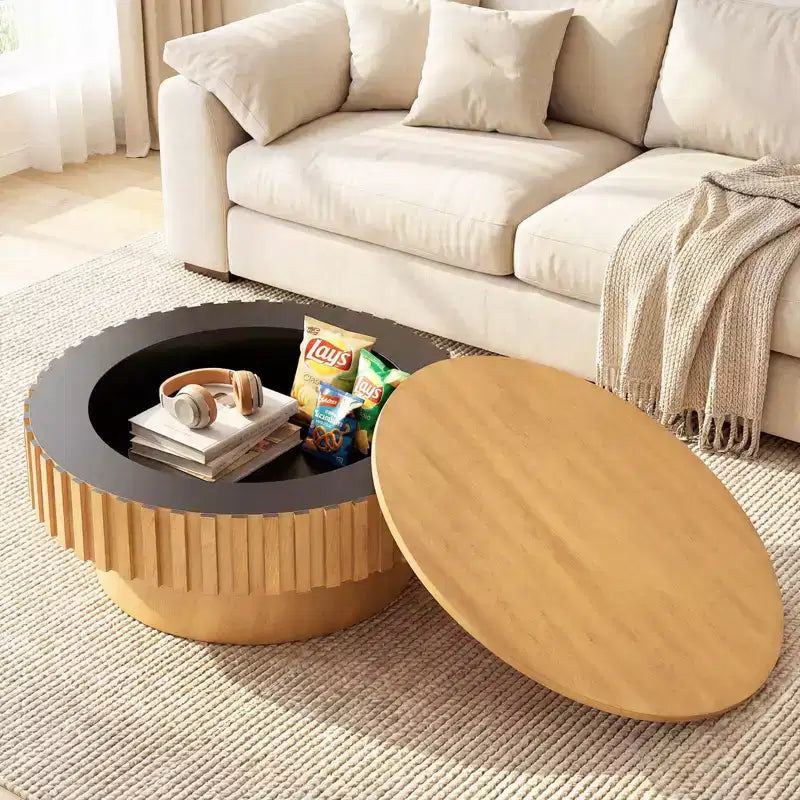 Tavolino rotondo con contenitore, tavolino a tamburo in legno con scomparto nascosto, color noce/naturale