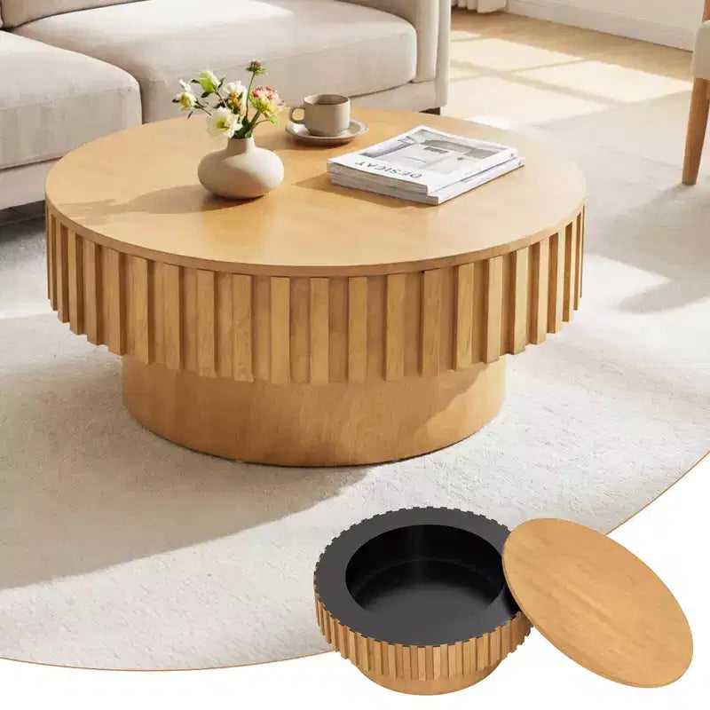 Tavolino rotondo con contenitore, tavolino a tamburo in legno con scomparto nascosto, color noce/naturale