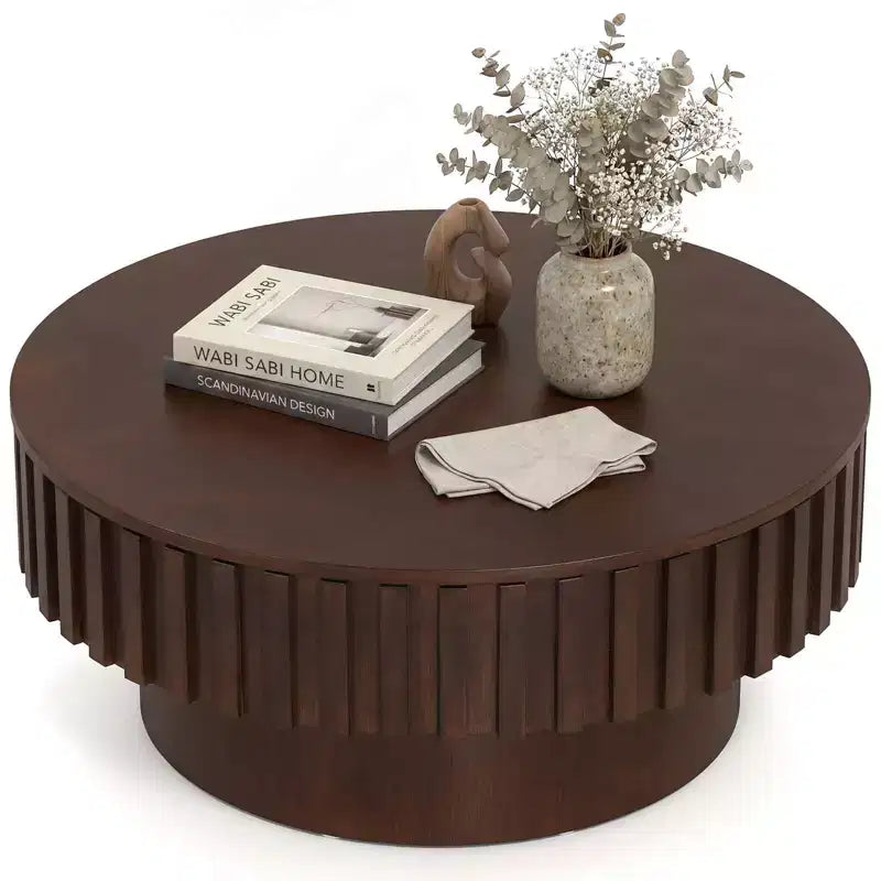 Round Coffee Table with Storage, Wooden Drum Coffee Table with Hidden Compartment Walnut/Natural