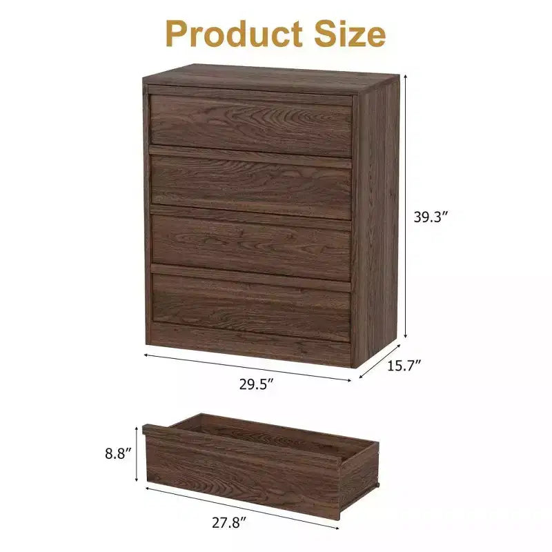 4 Drawer Dresser for Bedroom, Wooden Storage Cabinet Organizer with Large Drawers, Nightstand Table for Living Room Entryway, Walnut