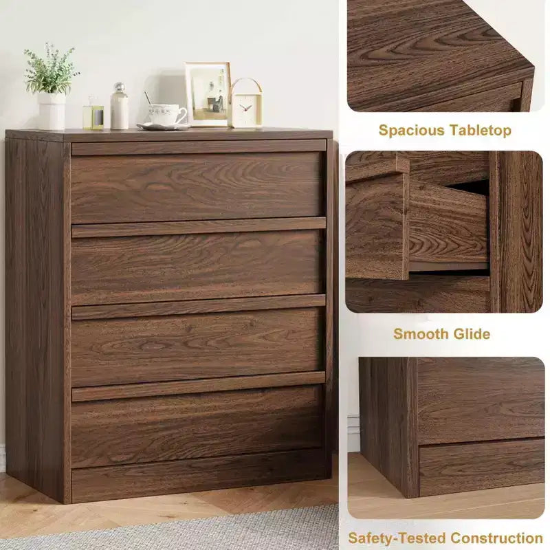4 Drawer Dresser for Bedroom, Wooden Storage Cabinet Organizer with Large Drawers, Nightstand Table for Living Room Entryway, Walnut