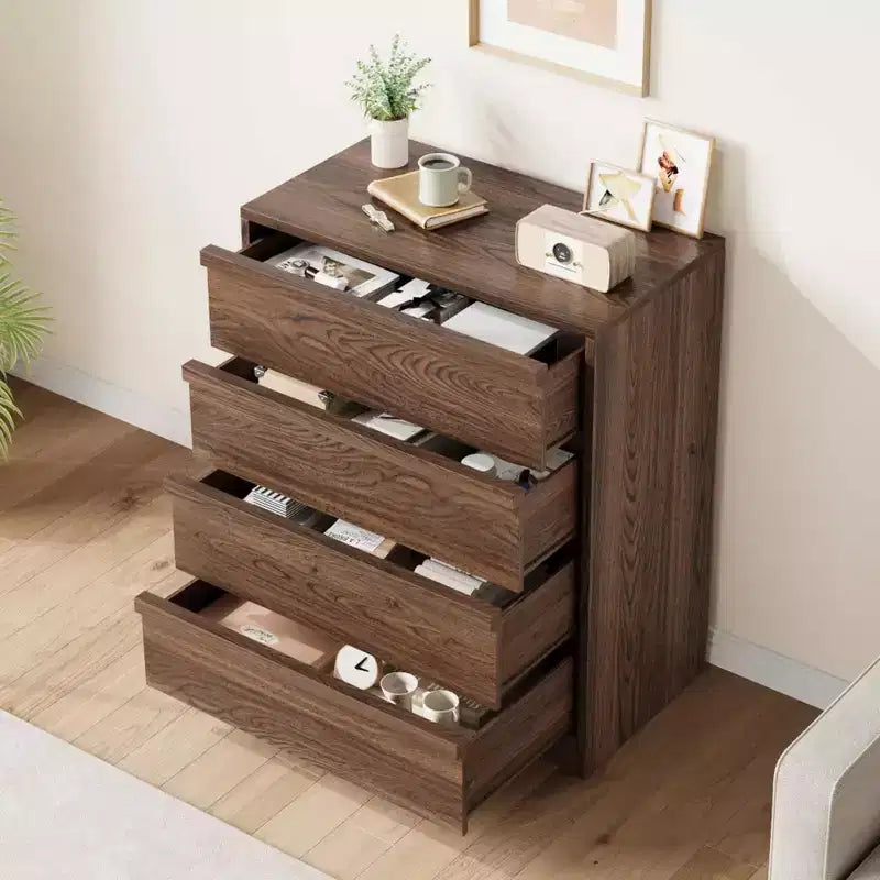 4 Drawer Dresser for Bedroom, Wooden Storage Cabinet Organizer with Large Drawers, Nightstand Table for Living Room Entryway, Walnut