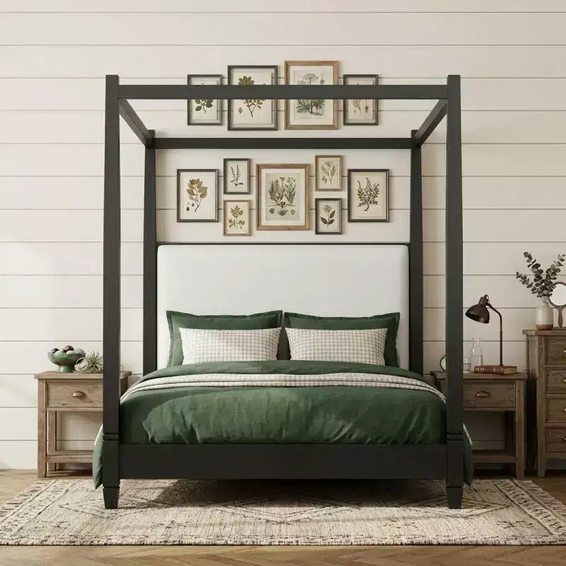 Letto a piattaforma con baldacchino e testiera imbottita