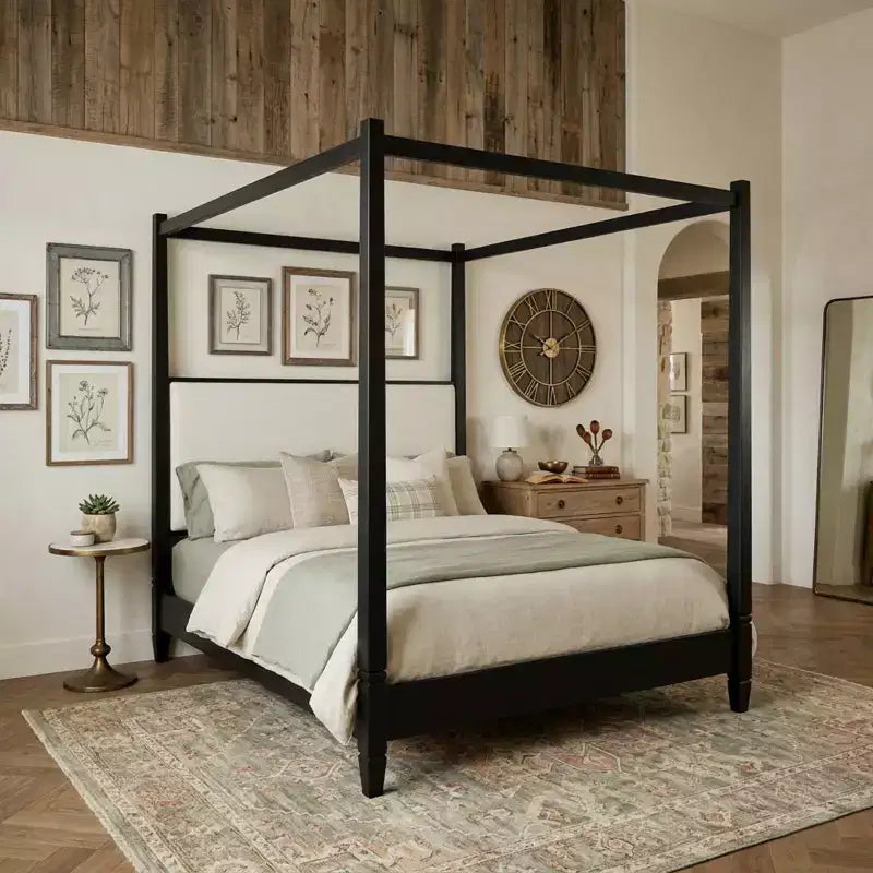 Letto a piattaforma con baldacchino e testiera imbottita