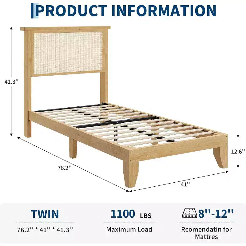 Twin Size Square Rattan & Wood Platform Bed Frame, Natural Rattan Headboard, No Box Spring Needed, Easy Assembly