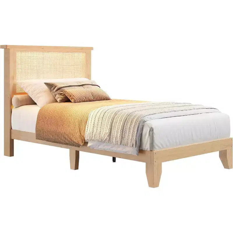 Twin Size Square Rattan & Wood Platform Bed Frame, Natural Rattan Headboard, No Box Spring Needed, Easy Assembly