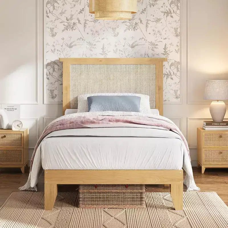 Twin Size Square Rattan & Wood Platform Bed Frame, Natural Rattan Headboard, No Box Spring Needed, Easy Assembly