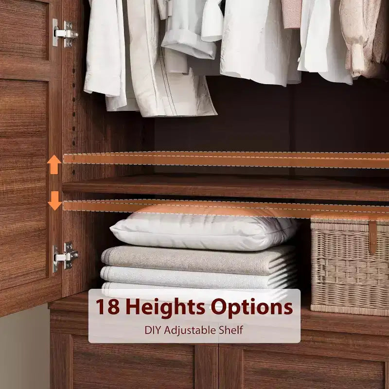 72 in Tall Wooden Armoire Wardrobe Closet with 4 Doors, Hanging Rod and Adjustable Shelves, Freestanding Clothing Storage Cabinet for Bedroom