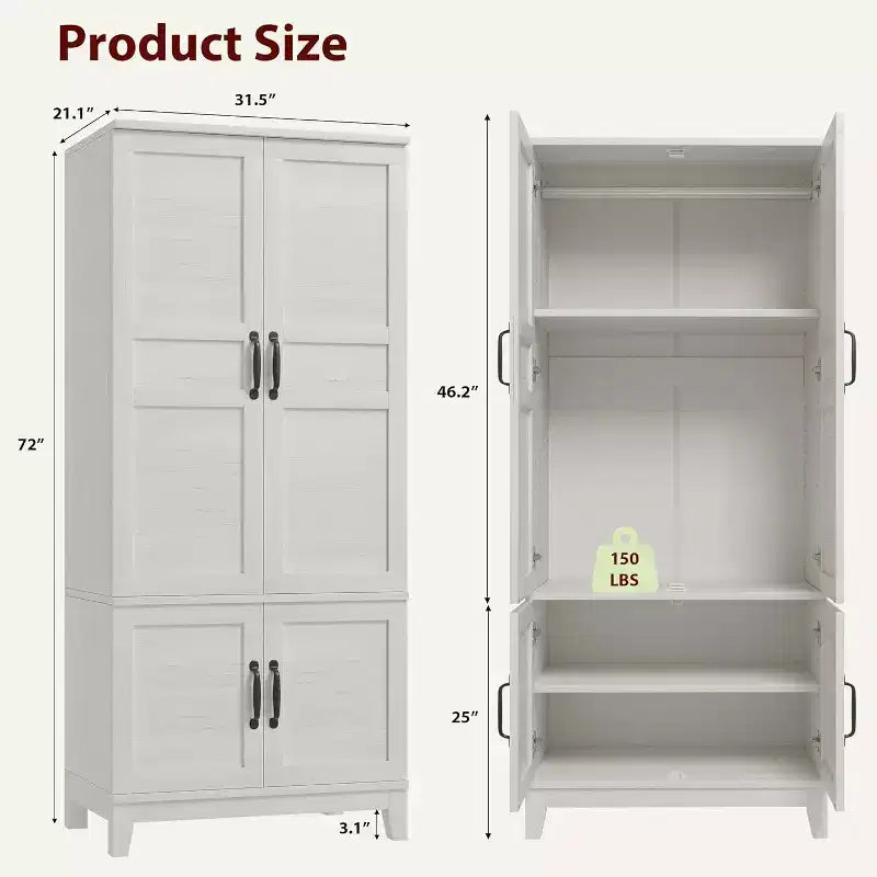 72 in Tall Wooden Armoire Wardrobe Closet with 4 Doors, Hanging Rod and Adjustable Shelves, Freestanding Clothing Storage Cabinet for Bedroom