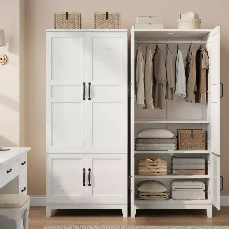 72 in Tall Wooden Armoire Wardrobe Closet with 4 Doors, Hanging Rod and Adjustable Shelves, Freestanding Clothing Storage Cabinet for Bedroom