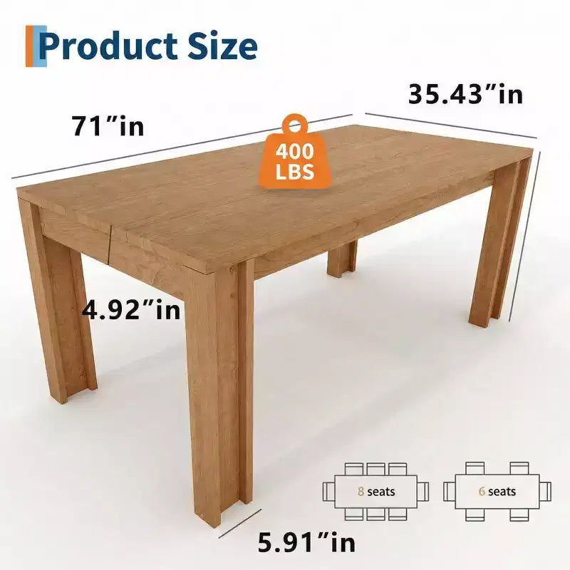 71 Dining Table for 6-8, Farmhouse Rectangular Kitchen Table with Wide H-Legs, Thick Top, Natural Wood Finish