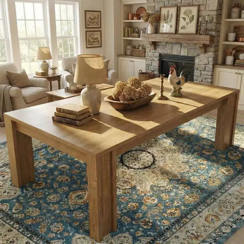 71 Dining Table for 6-8, Farmhouse Rectangular Kitchen Table with Wide H-Legs, Thick Top, Natural Wood Finish
