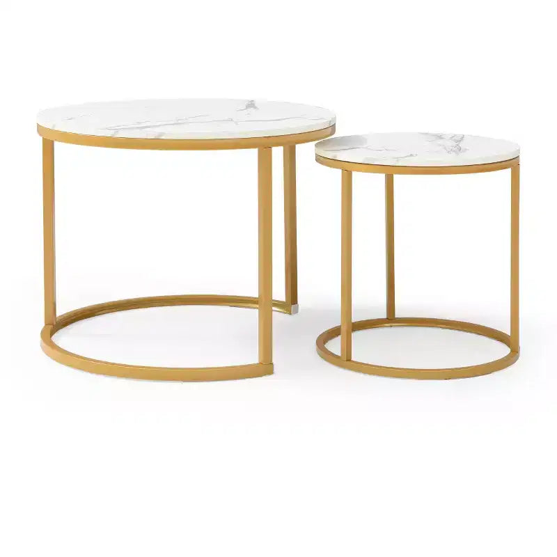 Set of 2 Nesting Coffee Tables  White & Gray Marble Top with Golden Frame, Round Wooden Tables for Living Room, Bedroom, Modern Industrial Nightstand