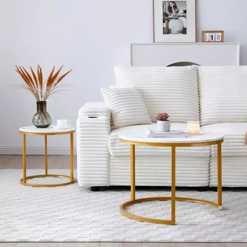 Set di 2 tavolini da salotto impilabili con piano in marmo bianco e grigio e struttura dorata, tavolini rotondi in legno per soggiorno, camera da letto o come comodino moderno in stile industriale