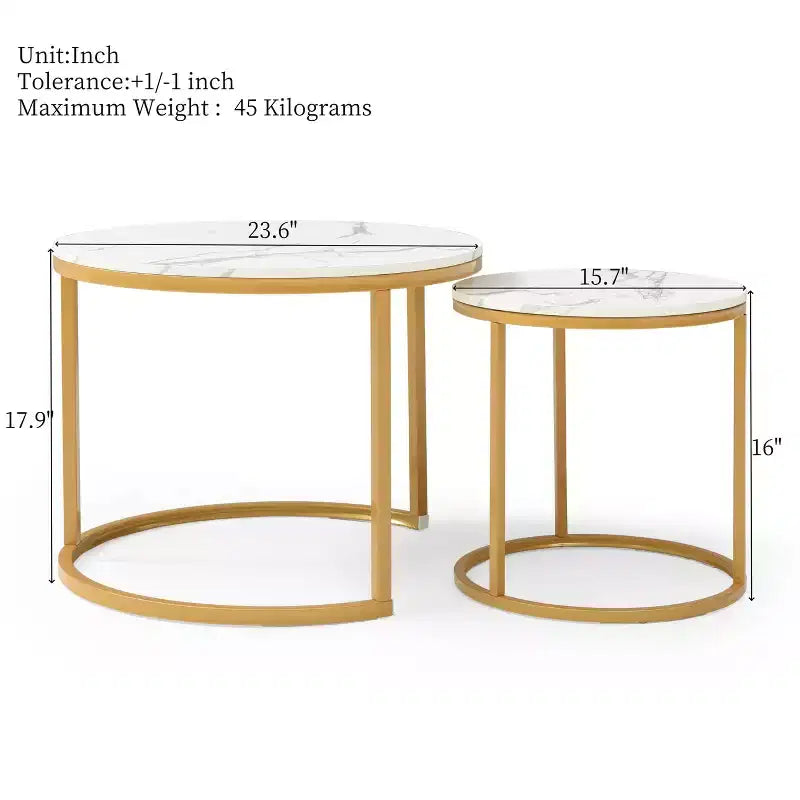 Set di 2 tavolini da salotto impilabili con piano in marmo bianco e grigio e struttura dorata, tavolini rotondi in legno per soggiorno, camera da letto o come comodino moderno in stile industriale
