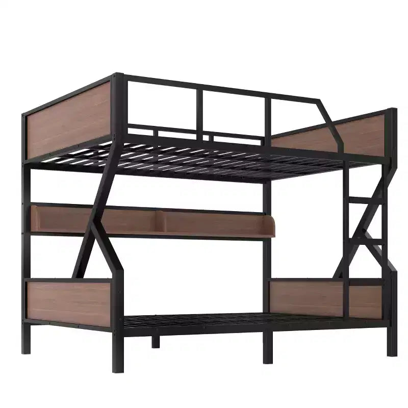 Letto a castello in metallo con due letti matrimoniali, ripiani contenitori e luce LED, struttura robusta con sponde di sicurezza e scala, silenziosa, nera
