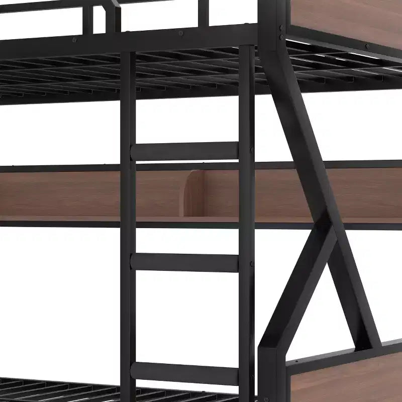 Letto a castello in metallo con due letti matrimoniali, ripiani contenitori e luce LED, struttura robusta con sponde di sicurezza e scala, silenziosa, nera