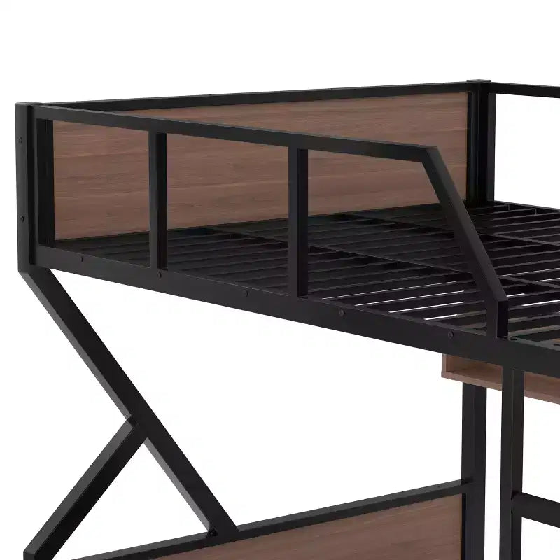 Letto a castello in metallo con due letti matrimoniali, ripiani contenitori e luce LED, struttura robusta con sponde di sicurezza e scala, silenziosa, nera