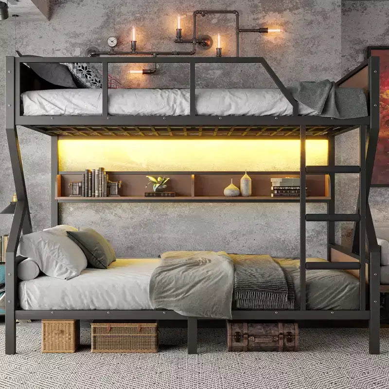 Letto a castello in metallo con due letti matrimoniali, ripiani contenitori e luce LED, struttura robusta con sponde di sicurezza e scala, silenziosa, nera