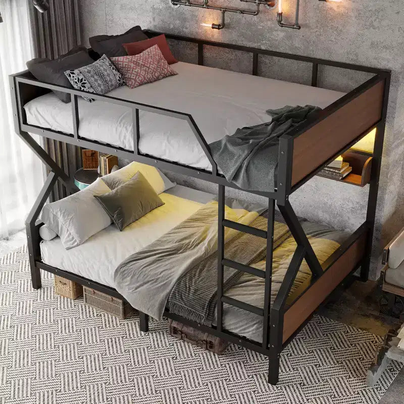 Queen over Queen Metal Bunk Bed with Storage Shelves & LED Light, Heavy-Duty Bunk Bed Frame with Guardrails & Ladder, Noise-Free, Black