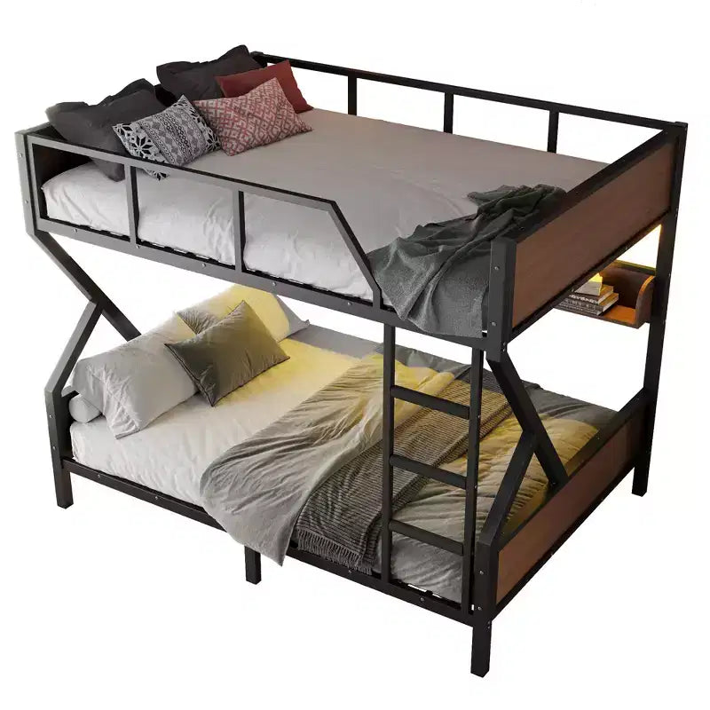 Queen over Queen Metal Bunk Bed with Storage Shelves & LED Light, Heavy-Duty Bunk Bed Frame with Guardrails & Ladder, Noise-Free, Black