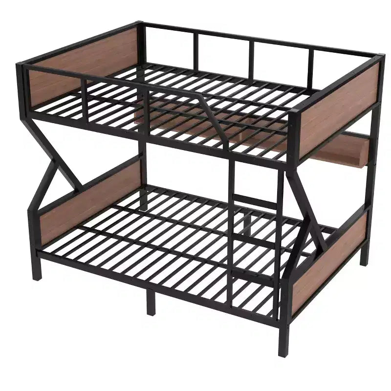 Letto a castello in metallo con due letti matrimoniali, ripiani contenitori e luce LED, struttura robusta con sponde di sicurezza e scala, silenziosa, nera