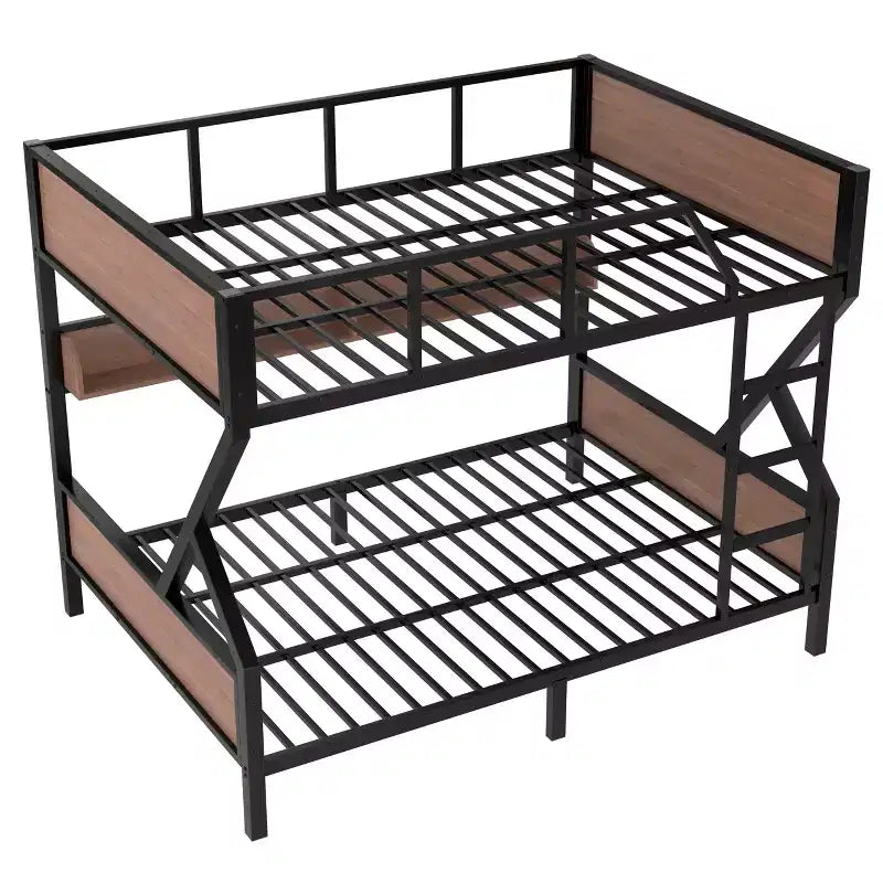 Letto a castello in metallo con due letti matrimoniali, ripiani contenitori e luce LED, struttura robusta con sponde di sicurezza e scala, silenziosa, nera
