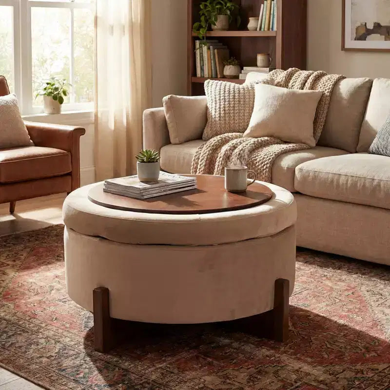 Modern Wooden Upholstered Round Storage Ottoman with Tufted Design and Reversible Lid