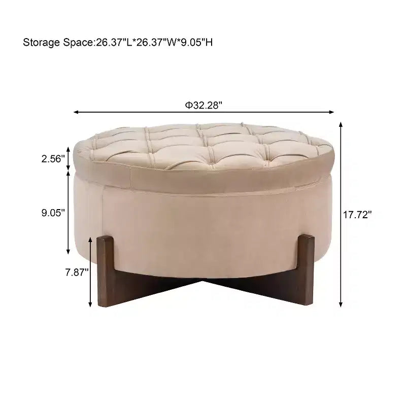 Modern Wooden Upholstered Round Storage Ottoman with Tufted Design and Reversible Lid