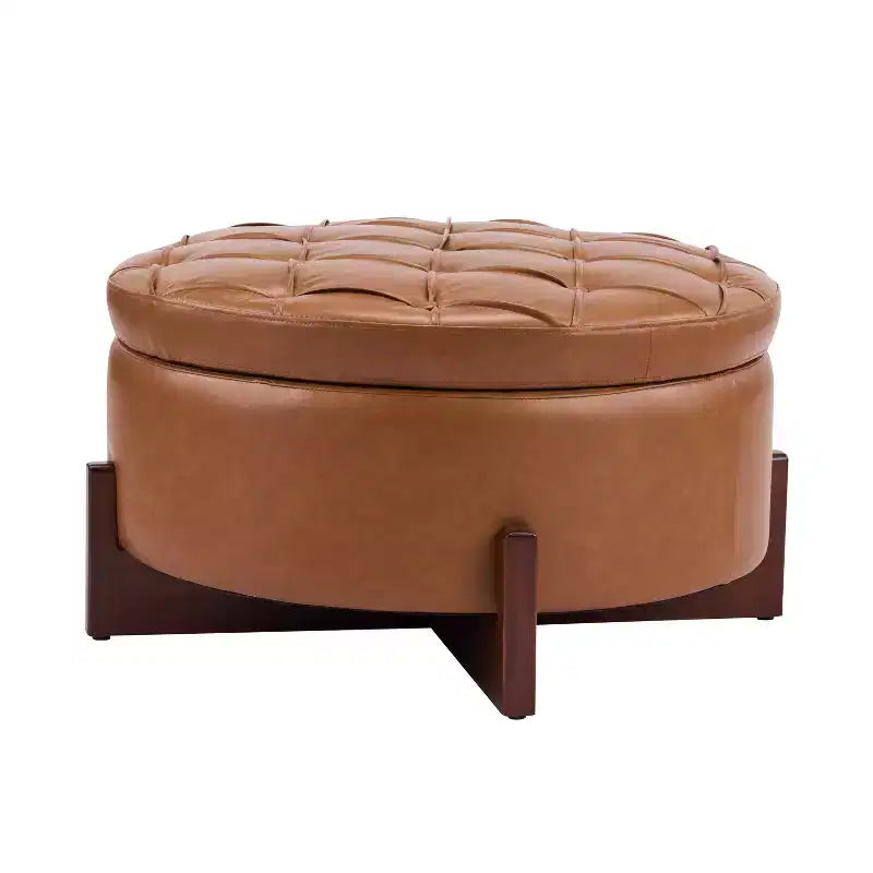 Modern Wooden Upholstered Round Storage Ottoman with Tufted Design and Reversible Lid
