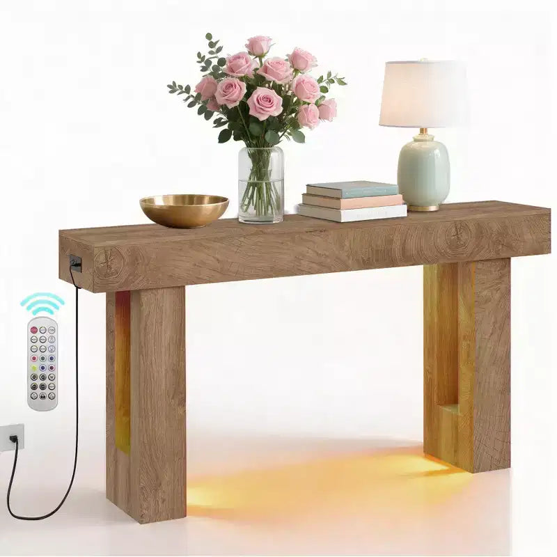 Consolle in stile rustico, tavolo d'ingresso in legno con ripiano portaoggetti, tavolino stretto da divano per ingresso, foyer, color sandalo