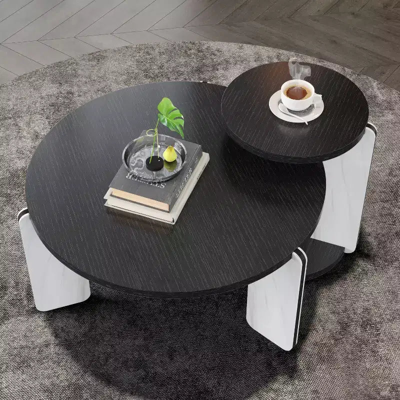 Modern Round Coffee Table Set with Sintered Stone Legs & Matching Side Table, Black