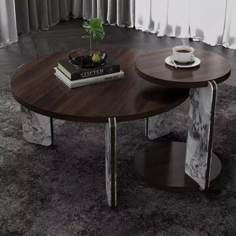 Modern Round Coffee Table Set with Sintered Stone Legs & Matching Side Table, Black